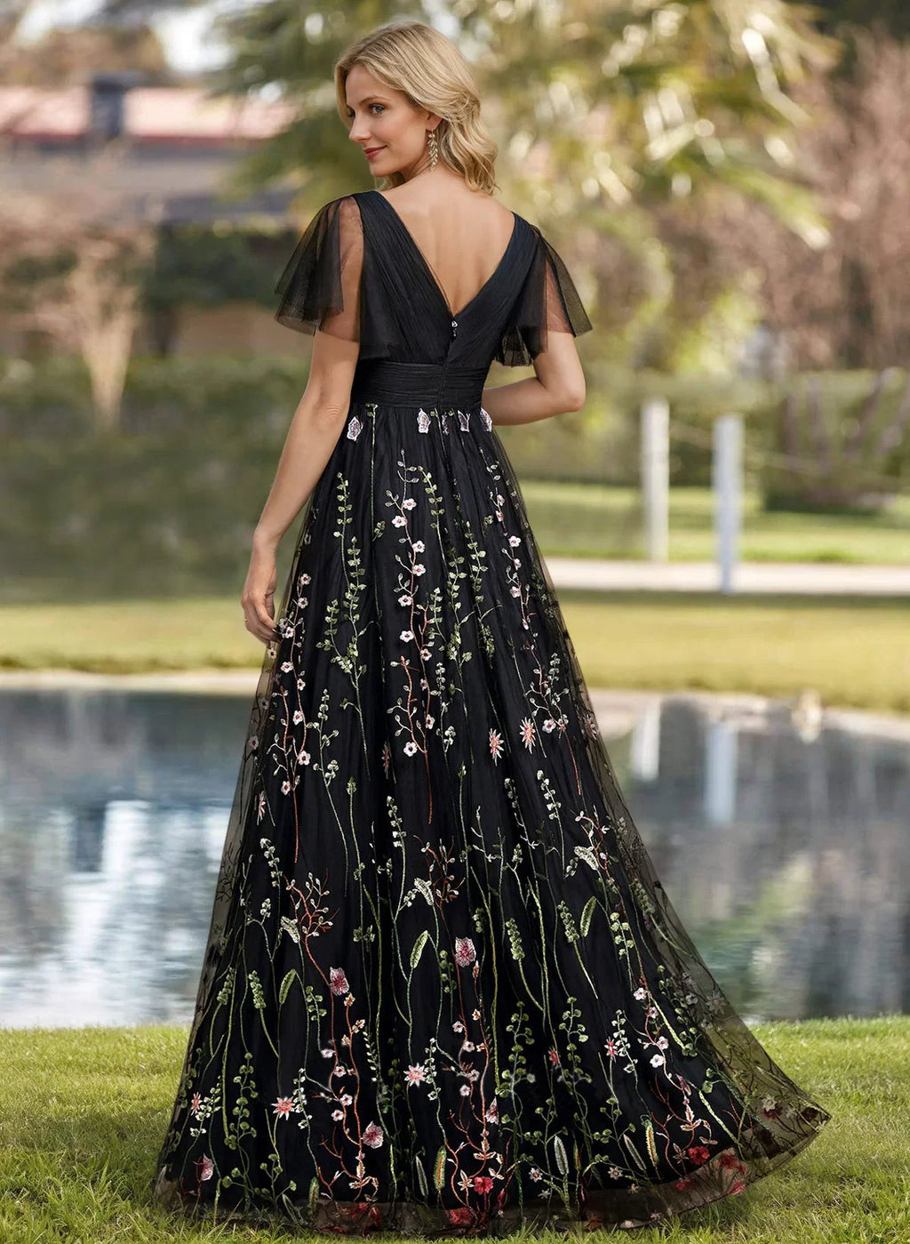 Black Enchanting Floral Embroidered A-Line Evening Gown with Flutter Sleeves