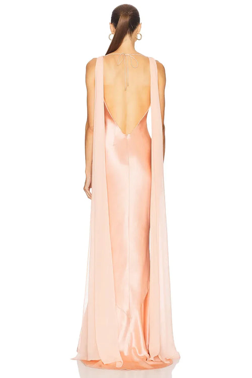 Robe de soirée longue, enchanteresse, coupe sirène, encolure bateau, sans manches, dos cape