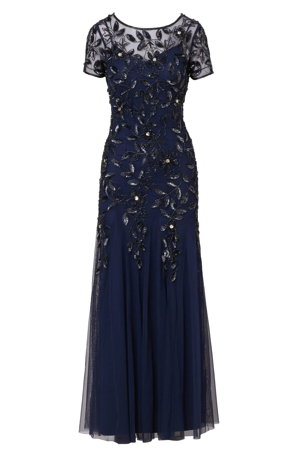 Enchanting Mermaid Illusion Neck Short Sleeve Embellished Back Floor Length Evening Dress