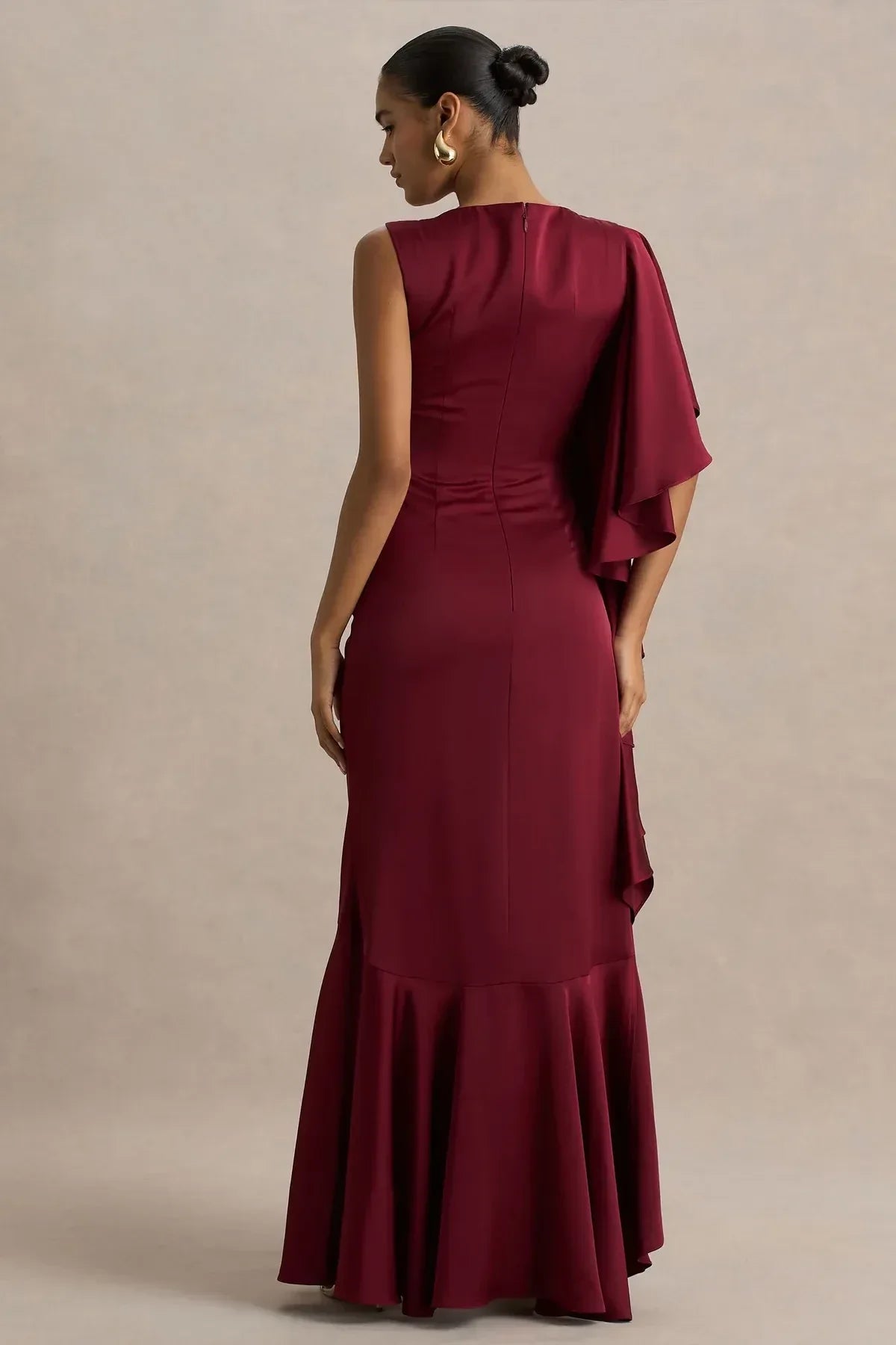 Enchanting Mermaid One Shoulder Ruffled Sleeve Zipper Back Floor Length Evening Dress