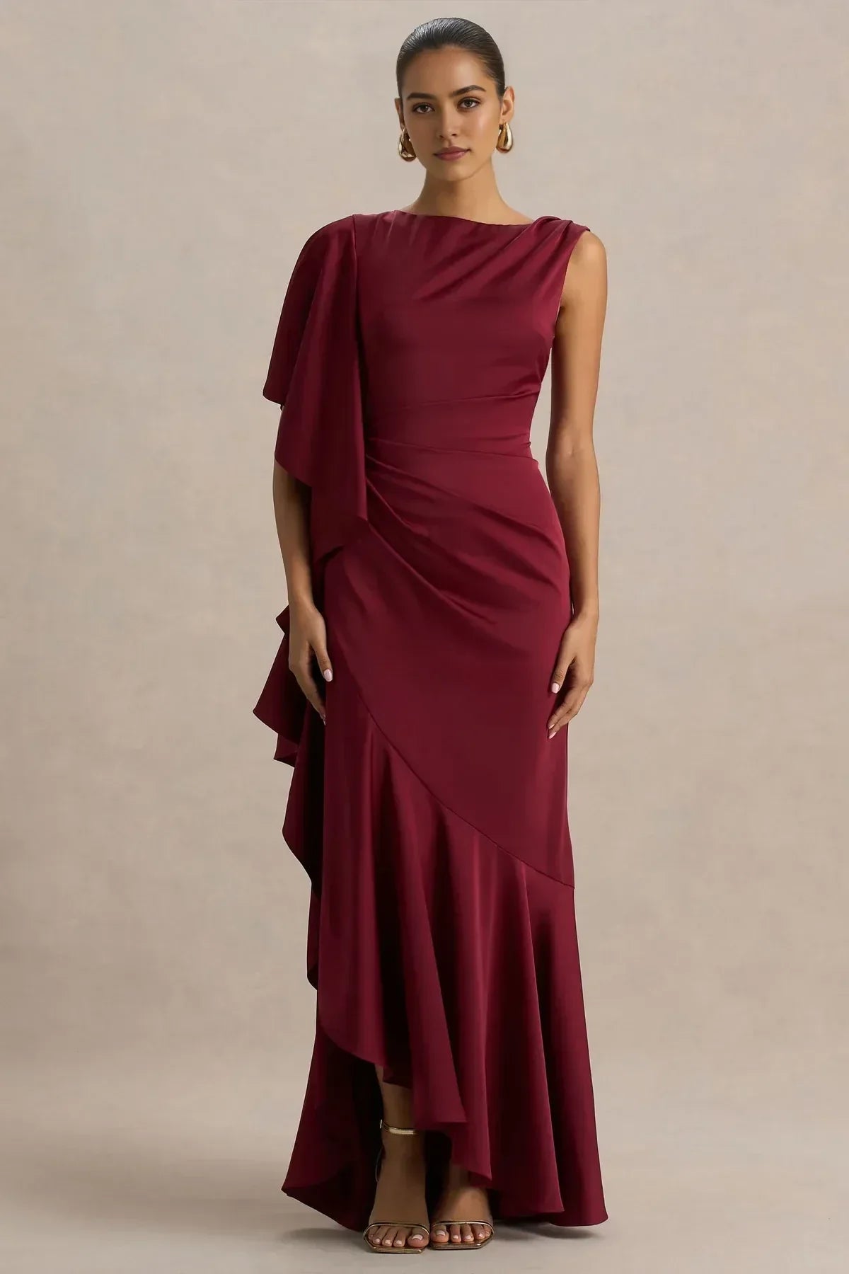 Enchanting Mermaid One Shoulder Ruffled Sleeve Zipper Back Floor Length Evening Dress