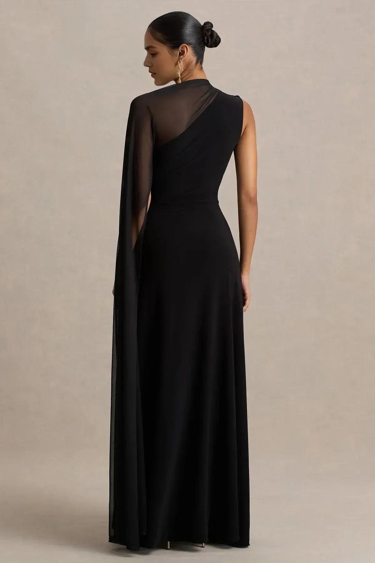 Enchanting Mermaid One Shoulder Sheer Cape Sleeve Open Back Floor Length Evening Dress