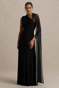Enchanting Mermaid One Shoulder Sheer Cape Sleeve Open Back Floor Length Evening Dress