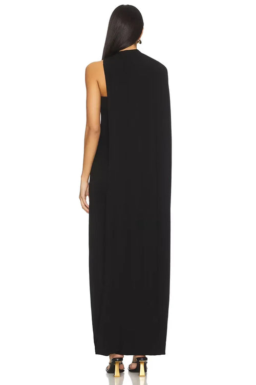 Robe de soirée longue fourreau à manches cape asymétriques et fermeture éclair au dos