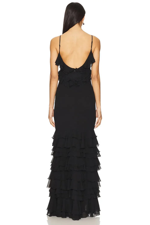 Robe de Soirée Longue Sans Manches à Col V et Dos Volanté Enchanting Sheath