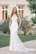 Enchanting Trumpet Off Shoulder Short Sleeve Open Back Floor Length Wedding Dress