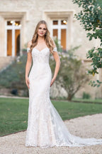 Enchanting Trumpet Off Shoulder Short Sleeve Open Back Floor Length Wedding Dress