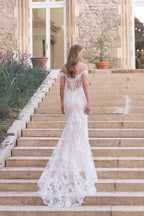 Enchanting Trumpet Off Shoulder Short Sleeve Open Back Floor Length Wedding Dress