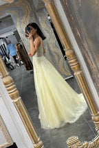 Enchanting A-line Spaghetti-strap Beaded Light Yellow Floor-length Prom Dress for Women Ready to Ship