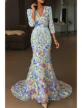 Enchanting Mermaid V-Neck 3D-Floral 3/4-Sleeve Light Blue Floor-Length Party Dress