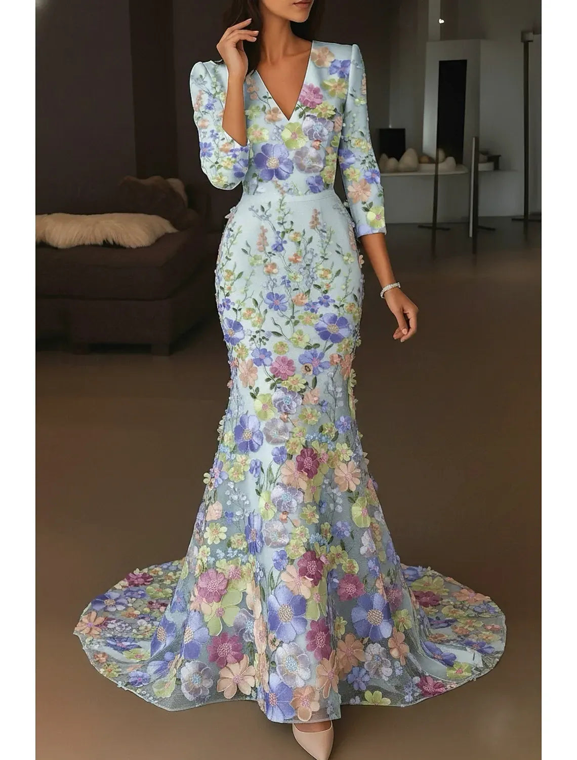Enchanting Mermaid V-Neck 3D-Floral 3/4-Sleeve Light Blue Floor-Length Party Dress