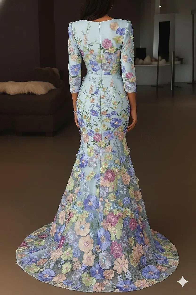 Enchanting Mermaid V-Neck 3D-Floral 3/4-Sleeve Light Blue Floor-Length Party Dress