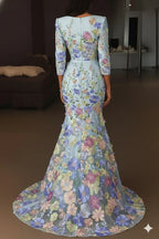 Enchanting Mermaid V-Neck 3D-Floral 3/4-Sleeve Light Blue Floor-Length Party Dress