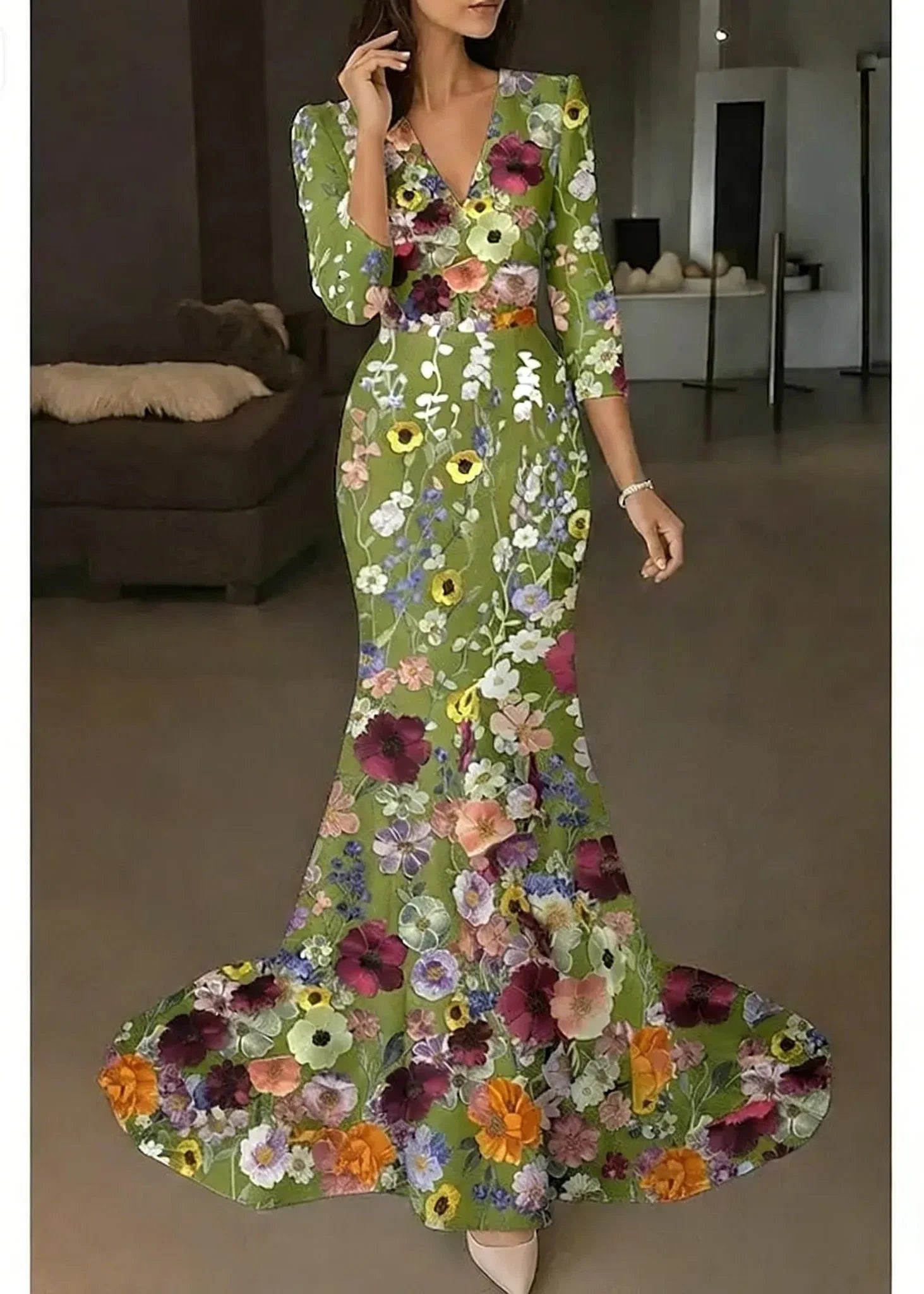 Enchanting Mermaid V-Neck 3D-Floral 3/4-Sleeve Light Blue Floor-Length Party Dress