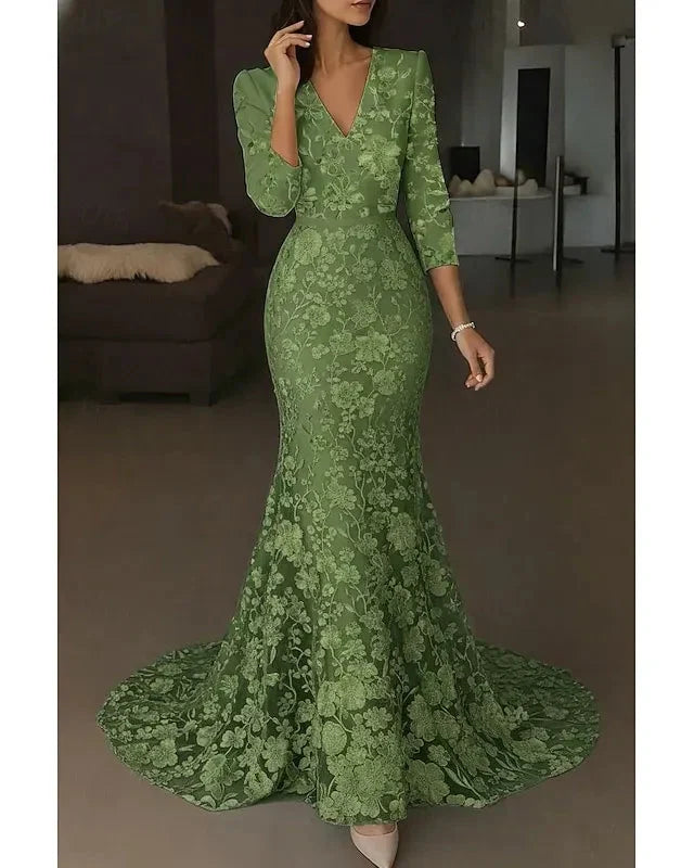 Enchanting Mermaid V-Neck 3D-Floral 3/4-Sleeve Light Blue Floor-Length Party Dress