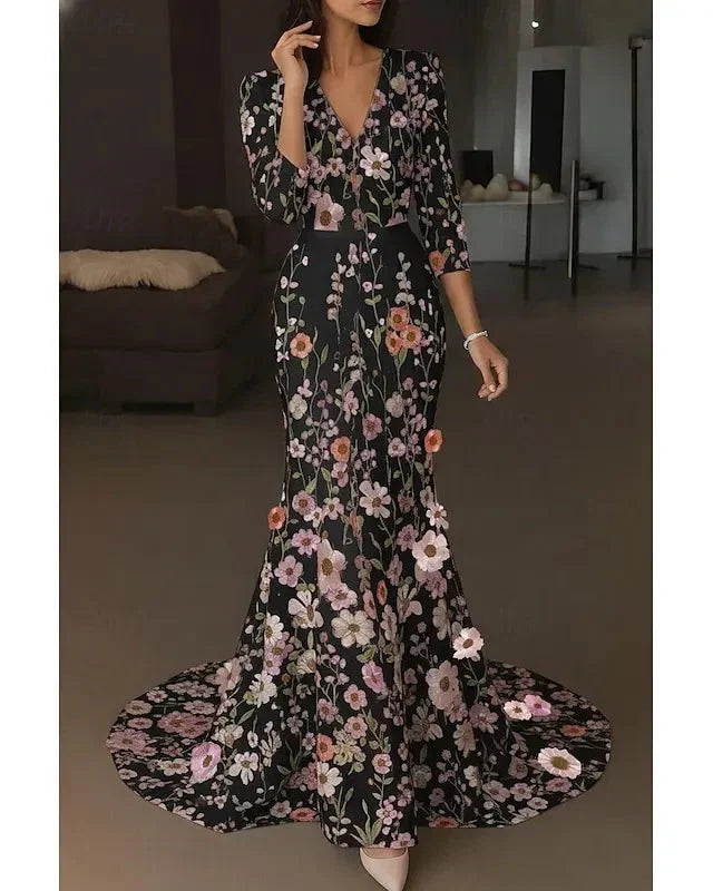 Enchanting Mermaid V-Neck 3D-Floral 3/4-Sleeve Light Blue Floor-Length Party Dress