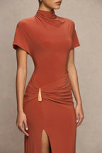 Engrossing Mermaid High Neck Cap Sleeve Embellished Side Floor Length Evening Dress