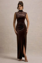Engrossing Mermaid High Neck Sleeveless Ruched Side High Slit Floor Length Evening Dress