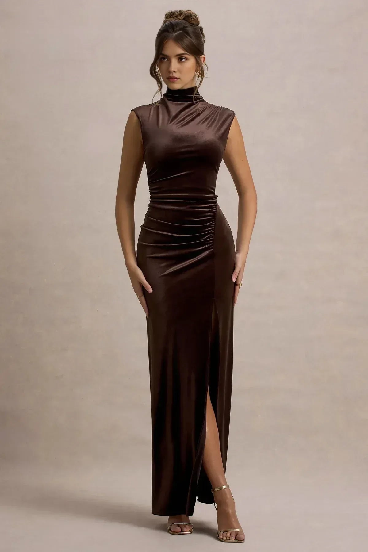 Engrossing Mermaid High Neck Sleeveless Ruched Side High Slit Floor Length Evening Dress