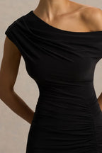 Enthralling A Line One Shoulder Cap Sleeve Ruched Back Floor Length Evening Dress