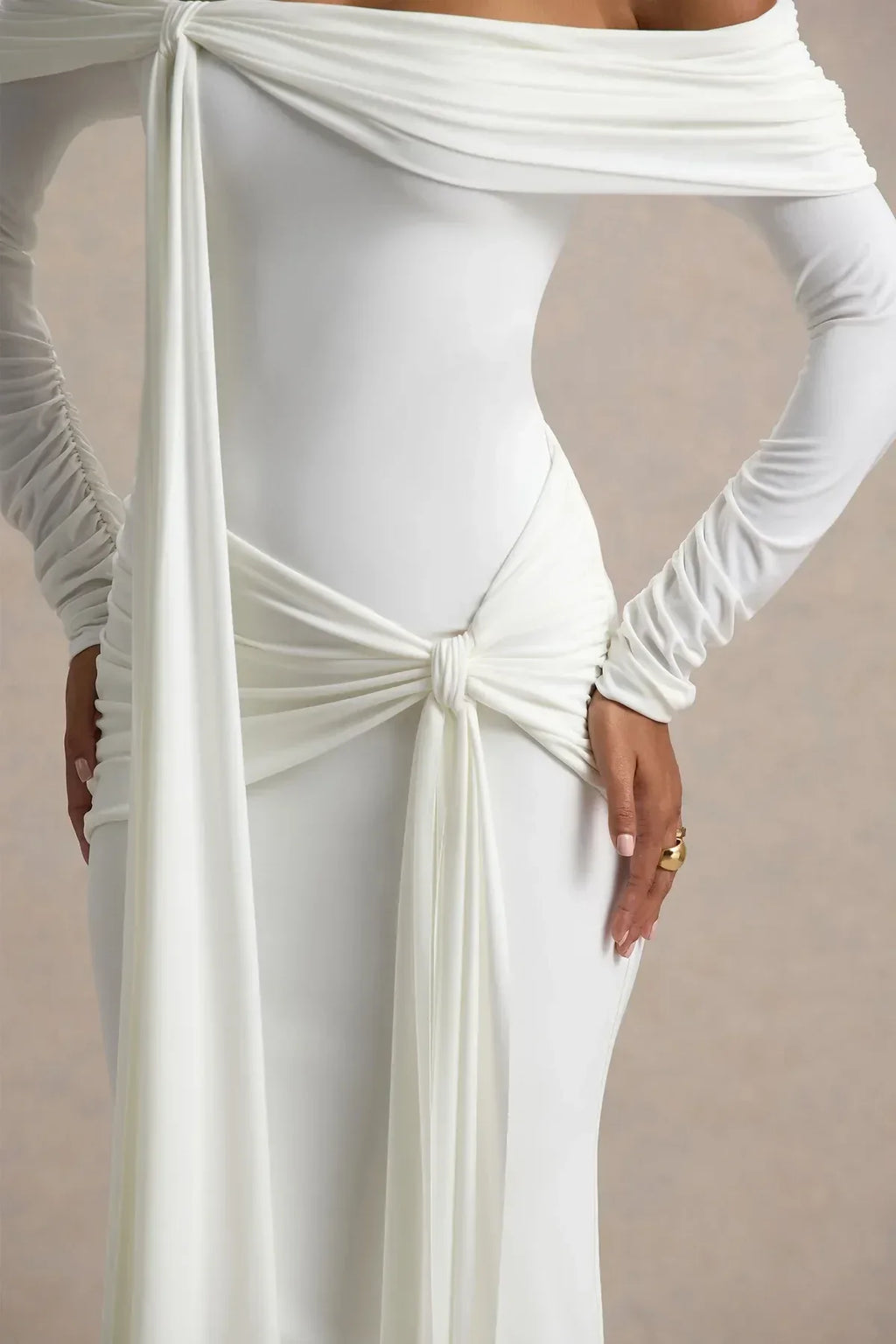 Enthralling Mermaid Off Shoulder Draped Sleeve Knot Detail Floor Length Evening Dress
