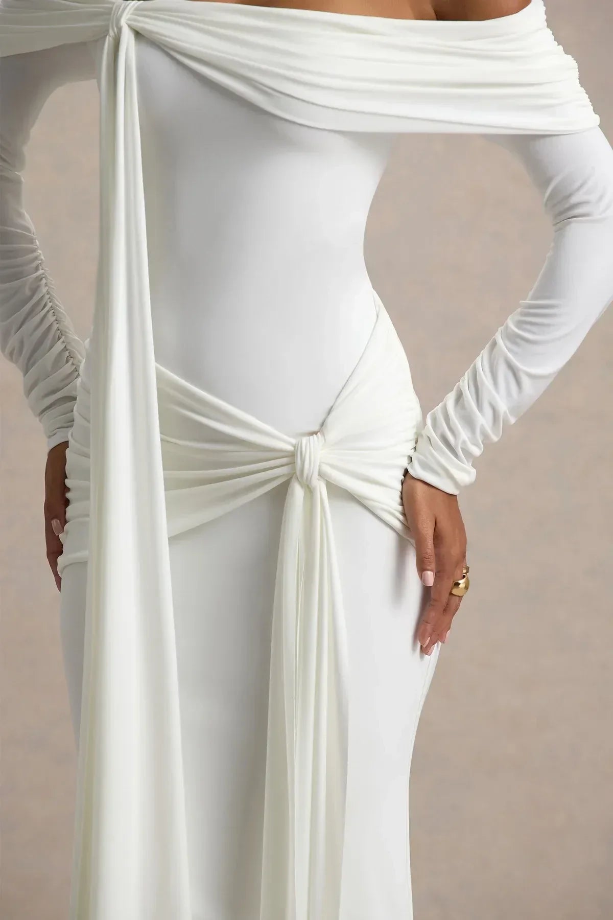 Enthralling Mermaid Off Shoulder Draped Sleeve Knot Detail Floor Length Evening Dress