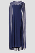 Ethereal A Line Boat Neck Cape Sleeve Chiffon Floor Length Plus Size Prom Dress