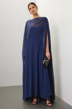 Ethereal A Line Boat Neck Cape Sleeve Chiffon Floor Length Plus Size Prom Dress
