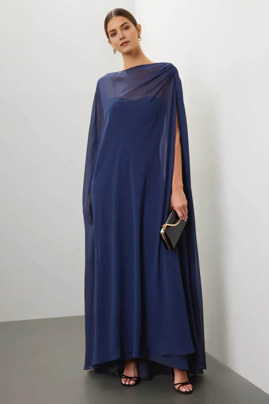 Ethereal A Line Boat Neck Cape Sleeve Chiffon Floor Length Plus Size Prom Dress