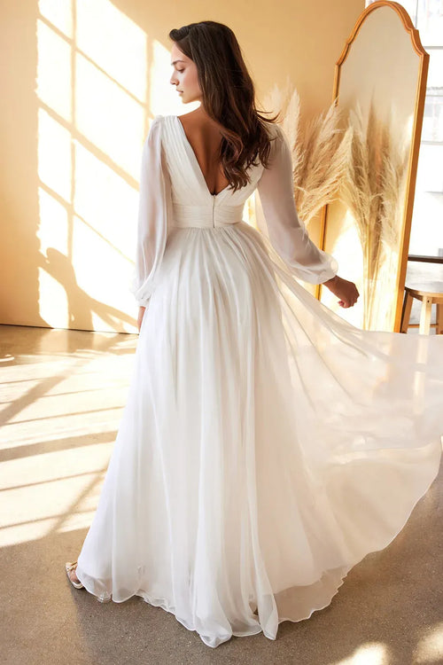 Ethereal A-Line Deep V Neck Bishop Sleeve Low Back Floor Length Prom Dress