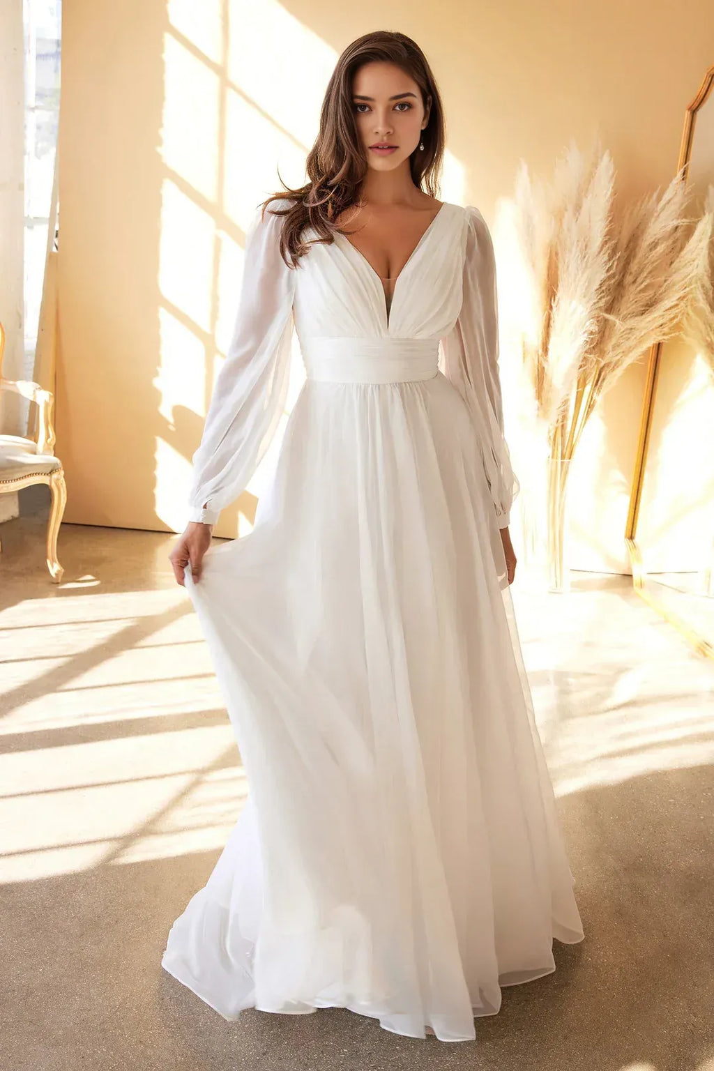 Ethereal A-Line Deep V Neck Bishop Sleeve Low Back Floor Length Prom Dress