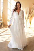Ethereal A-Line Deep V Neck Bishop Sleeve Low Back Floor Length Prom Dress