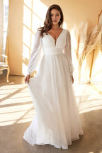 Ethereal A-Line Deep V Neck Bishop Sleeve Low Back Floor Length Prom Dress
