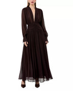 Ethereal A Line Deep V Neck Long Sleeve Ruched Back Floor Length Prom Dress