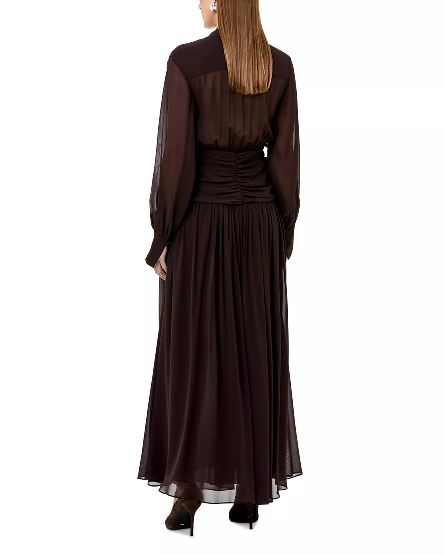 Ethereal A Line Deep V Neck Long Sleeve Ruched Back Floor Length Prom Dress