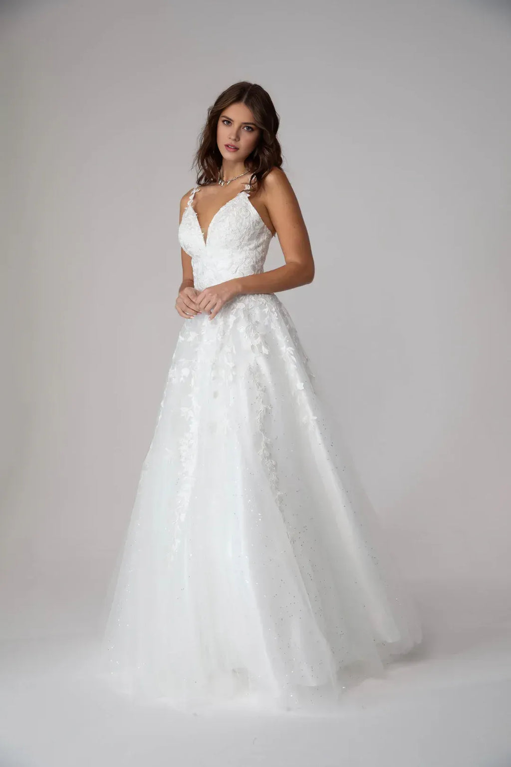 Ethereal A-Line Deep V Spaghetti Strap Open Back Floor Length Prom Dress