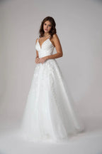Ethereal A-Line Deep V Spaghetti Strap Open Back Floor Length Prom Dress