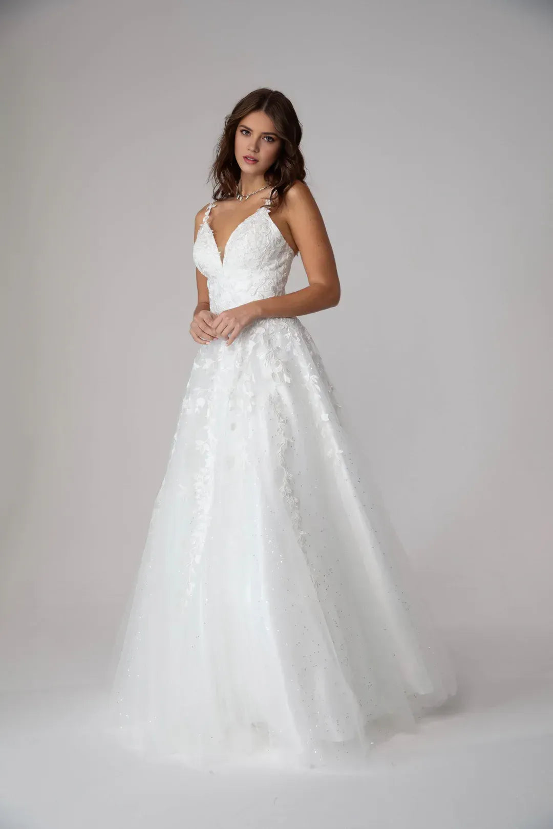 Ethereal A-Line Deep V Spaghetti Strap Open Back Floor Length Prom Dress