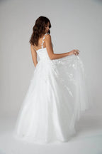 Ethereal A-Line Deep V Spaghetti Strap Open Back Floor Length Prom Dress