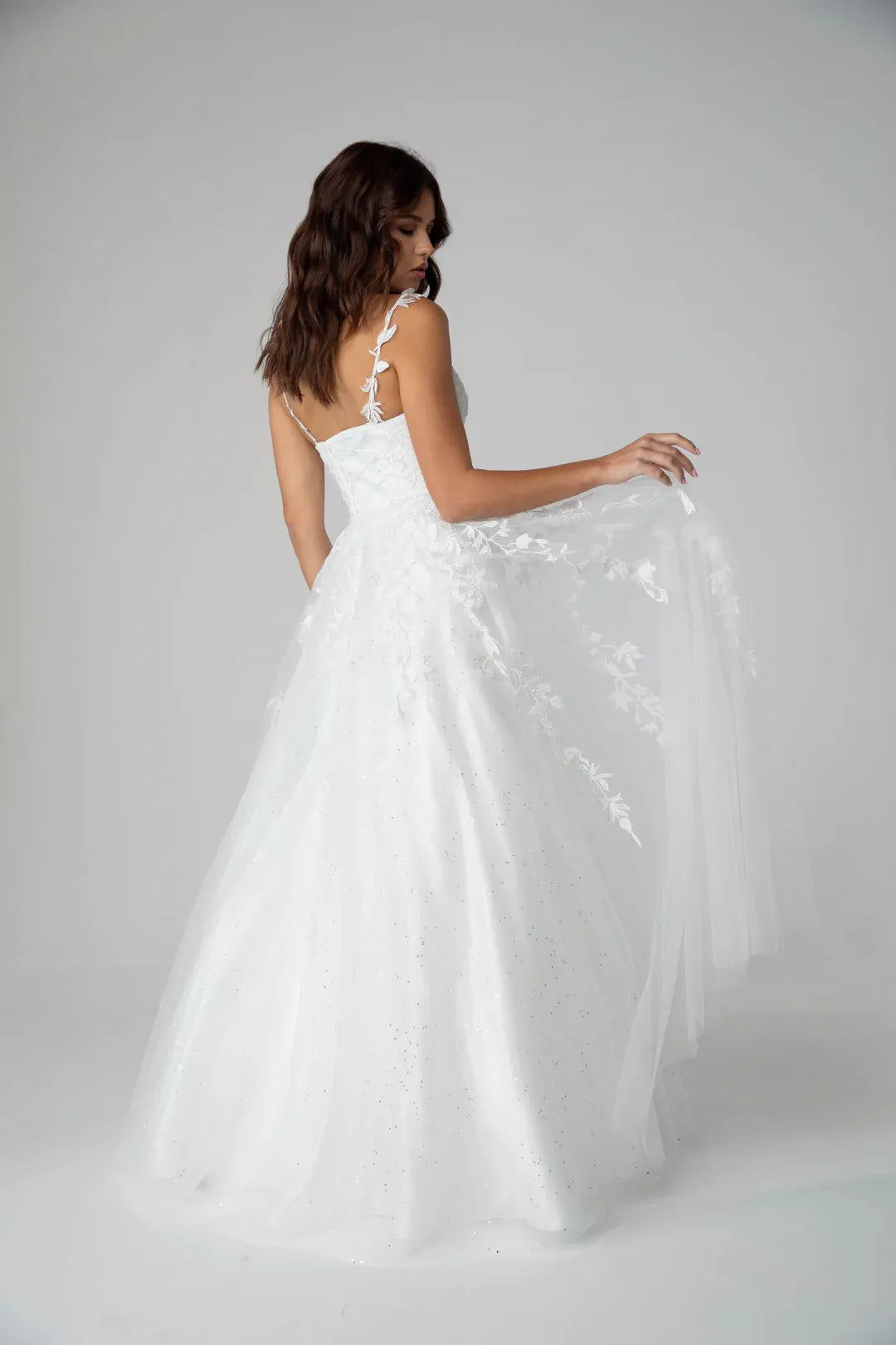 Ethereal A-Line Deep V Spaghetti Strap Open Back Floor Length Prom Dress