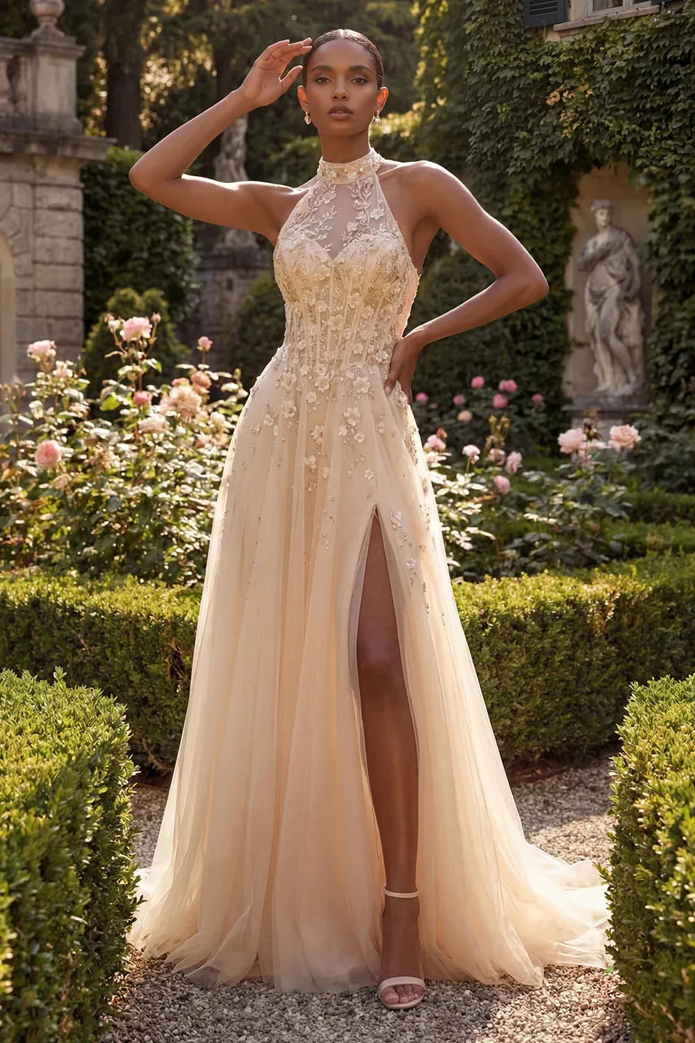 Ethereal A-Line Halter Sleeveless Floral Maxi Wedding Dress