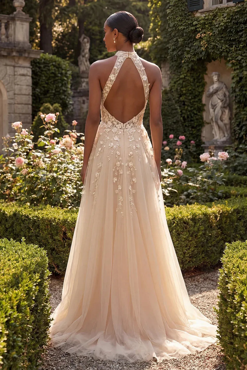 Ethereal A-Line Halter Sleeveless Floral Maxi Wedding Dress