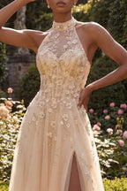 Ethereal A-Line Halter Sleeveless Floral Maxi Wedding Dress