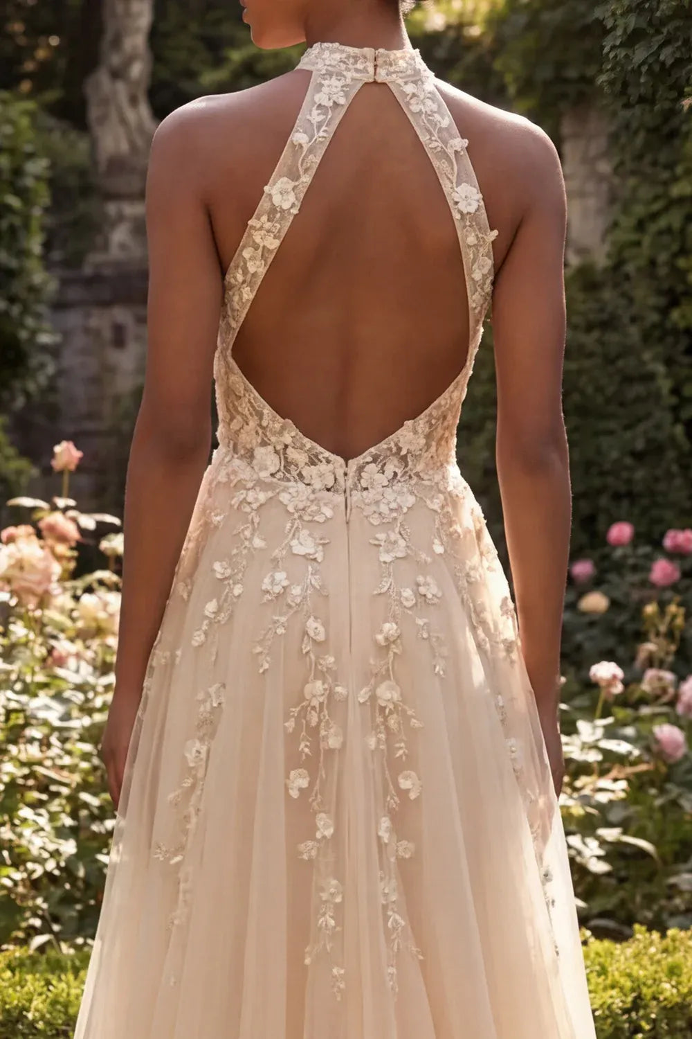 Ethereal A-Line Halter Sleeveless Floral Maxi Wedding Dress