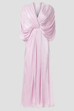 Ethereal A Line Plunge Neck Draped Sleeve Floor Length Plus Size Prom Dress
