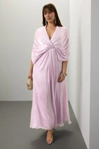 Ethereal A Line Plunge Neck Draped Sleeve Floor Length Plus Size Prom Dress