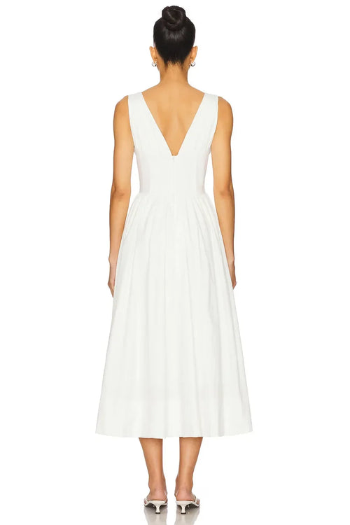 Robe de bal midi éthérée sans manches en ligne A avec décolleté plongeant et dos en V