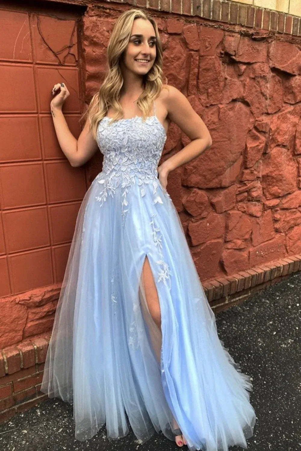 Ethereal A-Line Spaghetti Strap Maxi Prom Dress with Slit