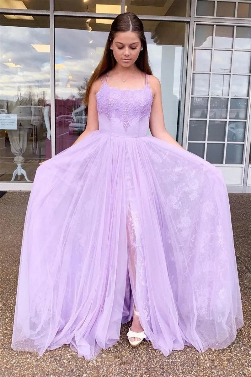 Ethereal A-Line Spaghetti Strap Prom Dress with Slit