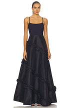 Ethereal A Line Square Neck Sleeveless Ruffled Back Floor Length Prom Dress